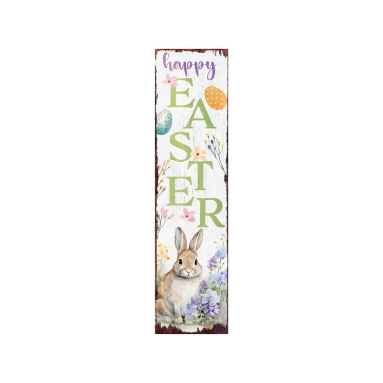 36" White Green And Purple Solid Wood Happy Easter Bunny Porch Sign