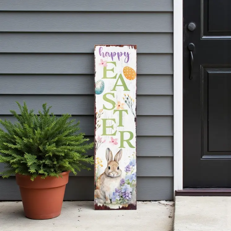 36" White Green And Purple Solid Wood Happy Easter Bunny Porch Sign