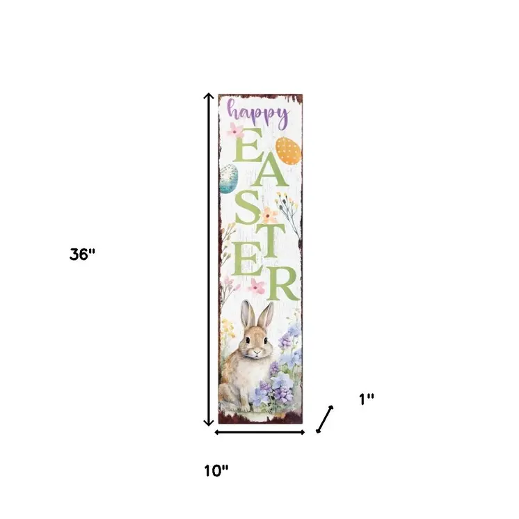 36" White Green And Purple Solid Wood Happy Easter Bunny Porch Sign