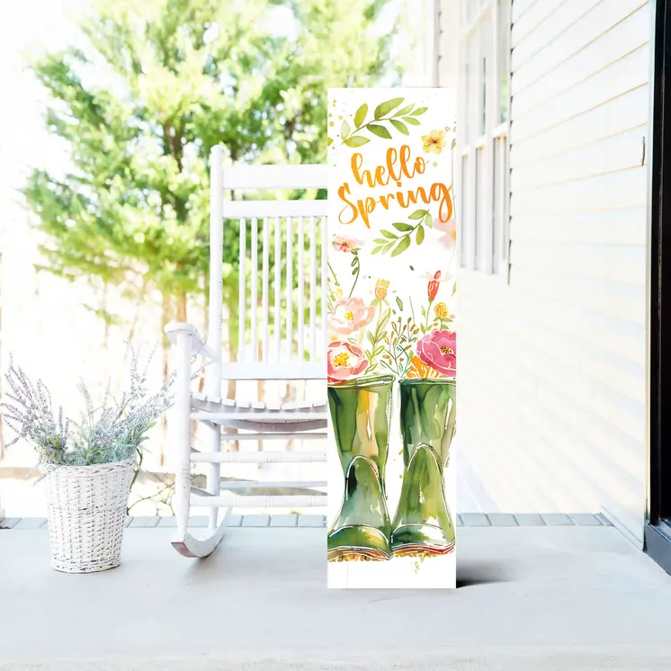 36" White Green And Pink Solid Wood Floral Bouquet Hello Spring Porch Sign
