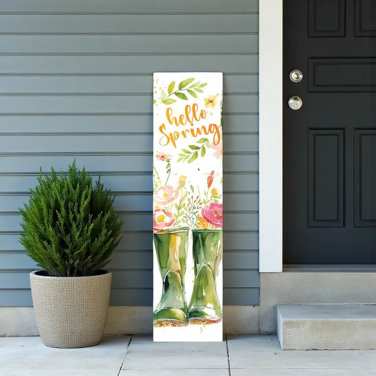 36" White Green And Pink Solid Wood Floral Bouquet Hello Spring Porch Sign