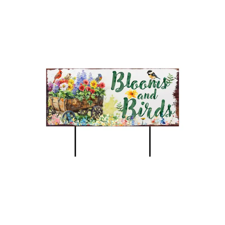 32" Green Pink And White Solid Wood Floral Bouquet Birds Garden Stake