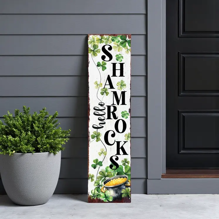 36" Gold Green And White Solid Wood Hello St Patrick's Day Shamrock Porch Sign