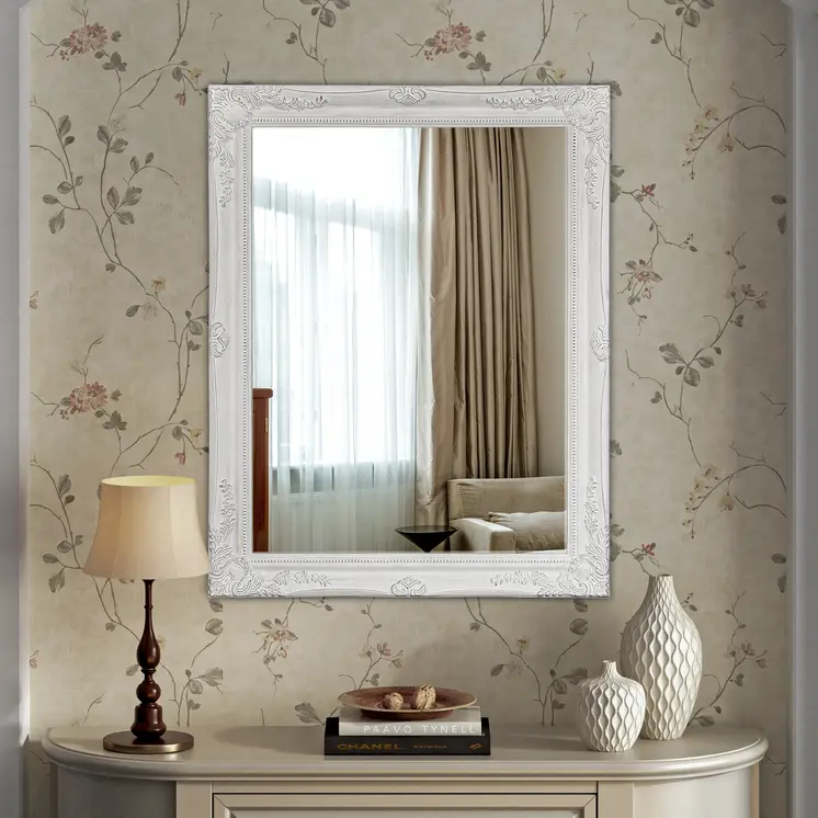 40" White Wood Ornate Framed Accent Mirror