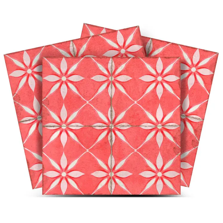 7" x 7" Red Vinyl Arabesque Peel And Stick Removable Tiles