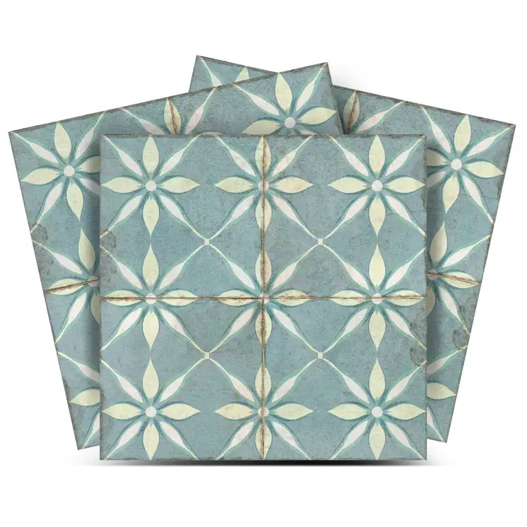 6" x 6" Blue Vinyl Arabesque Peel And Stick Removable Tiles