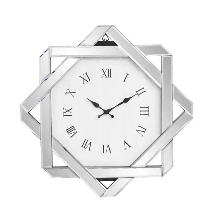26" Silver Mirrored Glass Silent Analog Geometric Wall Clock