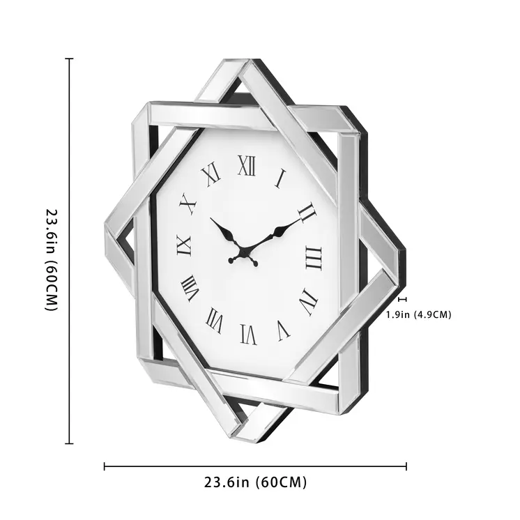 26" Silver Mirrored Glass Silent Analog Geometric Wall Clock