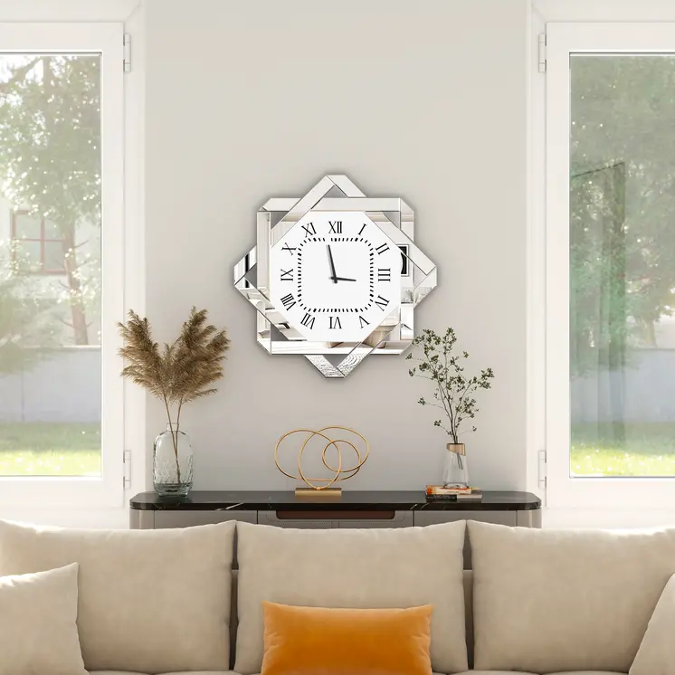 26" Silver Mirrored Glass Silent Analog Geometric Wall Clock