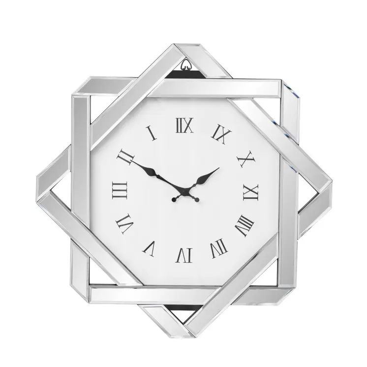 26" Silver Mirrored Glass Silent Analog Geometric Wall Clock