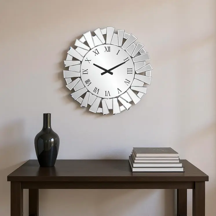27" Silver Mirrored Glass Silent Analog Sunburst Wall Clock
