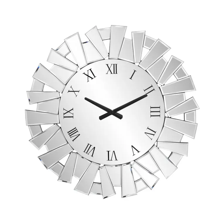 27" Silver Mirrored Glass Silent Analog Sunburst Wall Clock