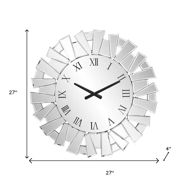 27" Silver Mirrored Glass Silent Analog Sunburst Wall Clock