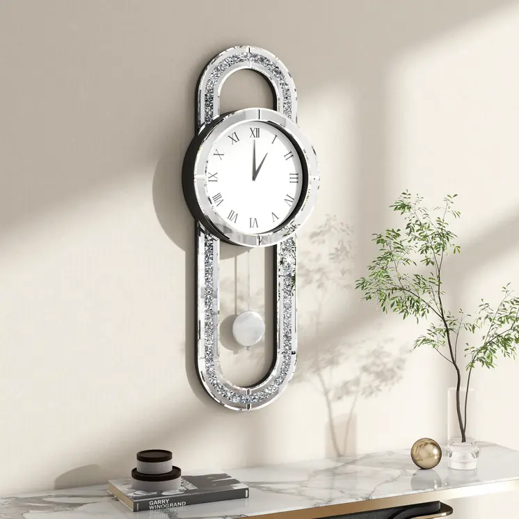15" Silver Faux Crystal And Mirrored Glass Silent Analog Oval Wall Clock