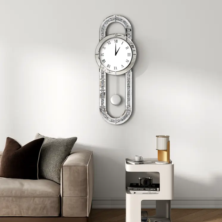 15" Silver Faux Crystal And Mirrored Glass Silent Analog Oval Wall Clock