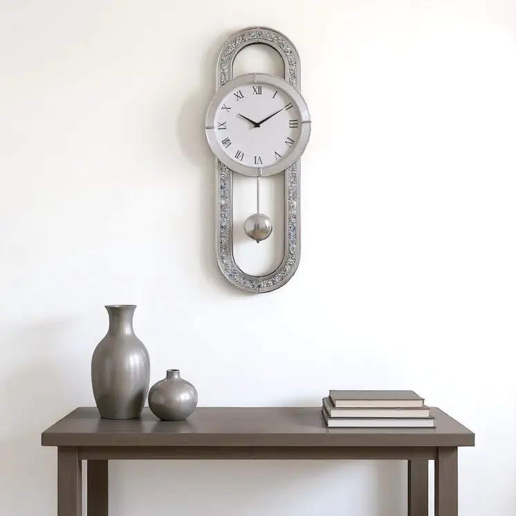 15" Silver Faux Crystal And Mirrored Glass Silent Analog Oval Wall Clock