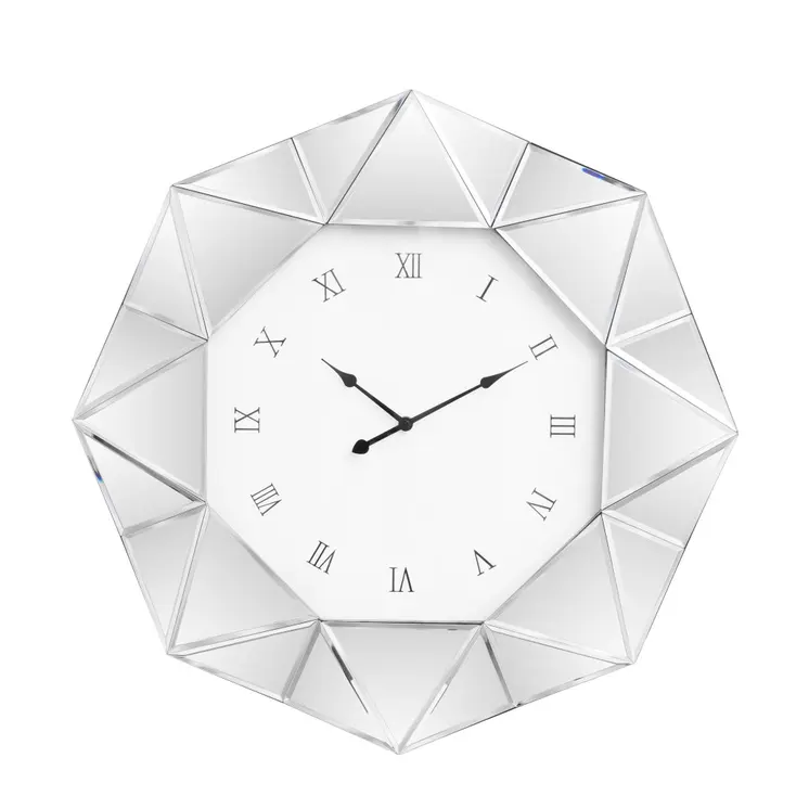 26" Silver Mirrored Glass Silent Analog Geometric Wall Clock