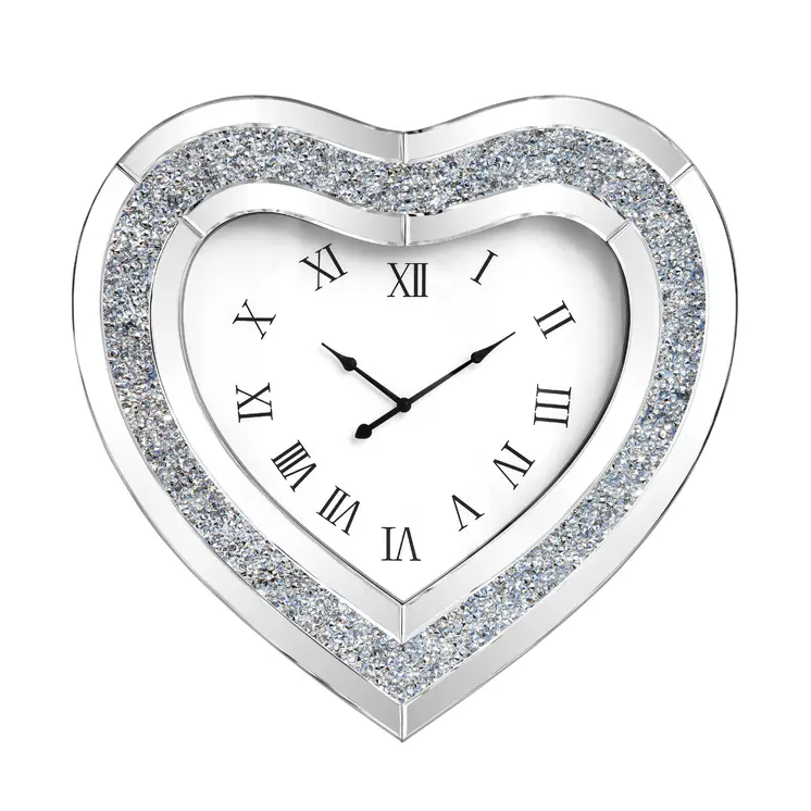 27" Silver Faux Crystal And Mirrored Glass Silent Analog Heart Wall Clock