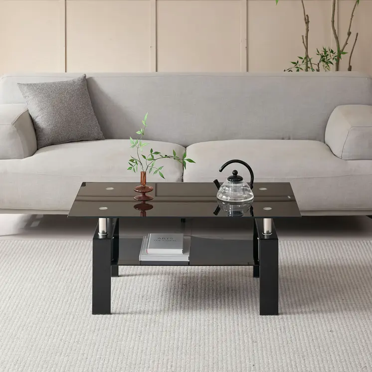 39" Black Glass and Steel Coffee Table With Shelf