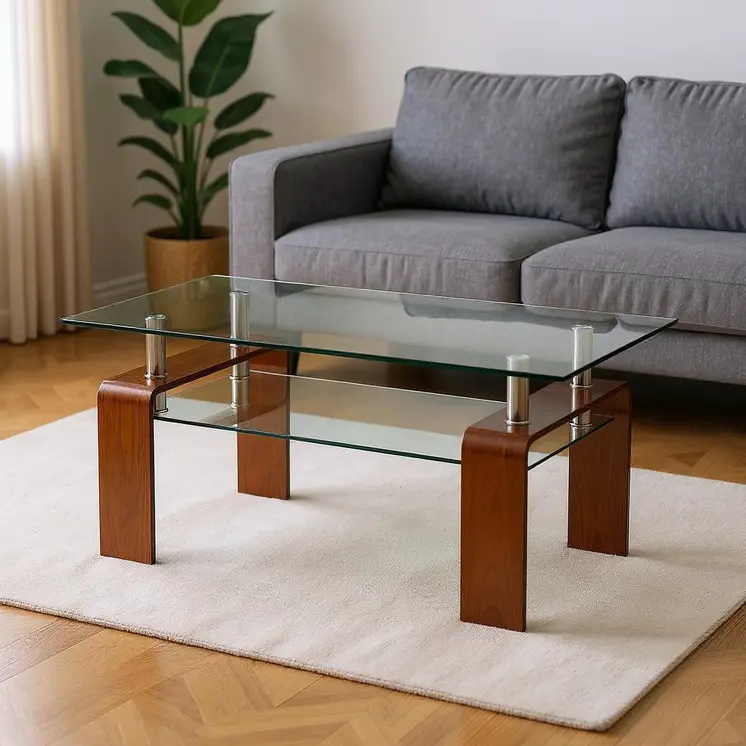 39" Clear and Brown Glass Coffee Table With Shelf