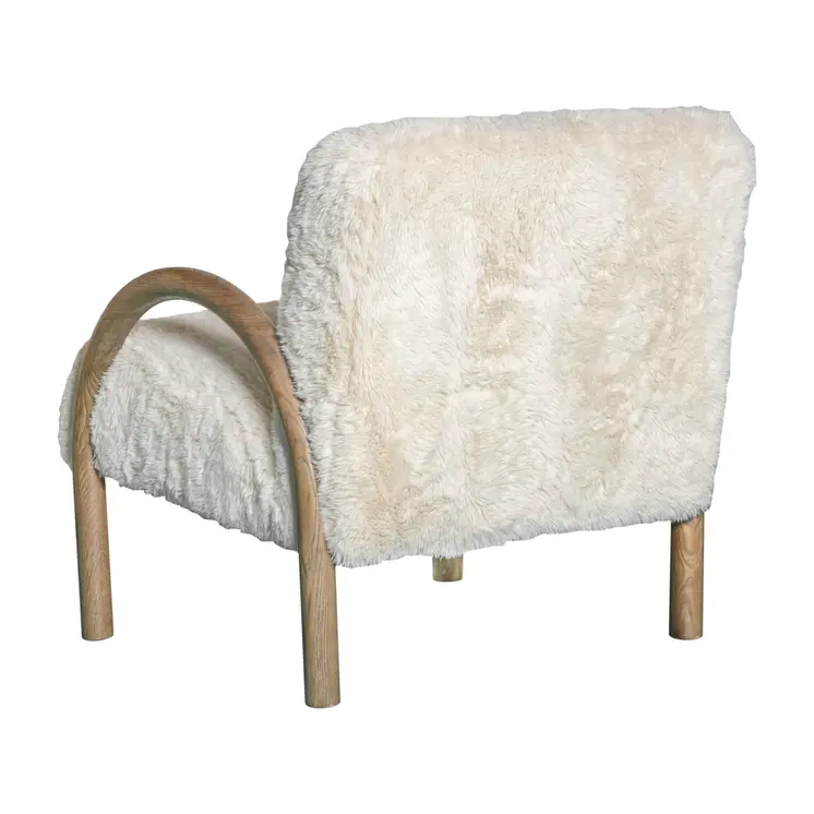 30" Off White and Natural Faux Fur And Wood Arm Chair