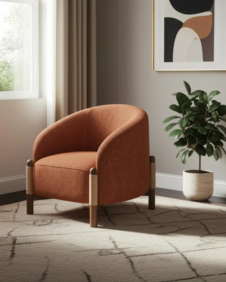 30" Rust and Brown Fabric And Wood Arm Chair