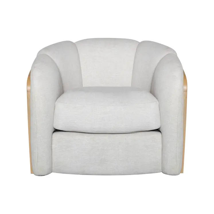 34" Off White and Natural Fabric Wood And Rattan Swivel Arm Chair