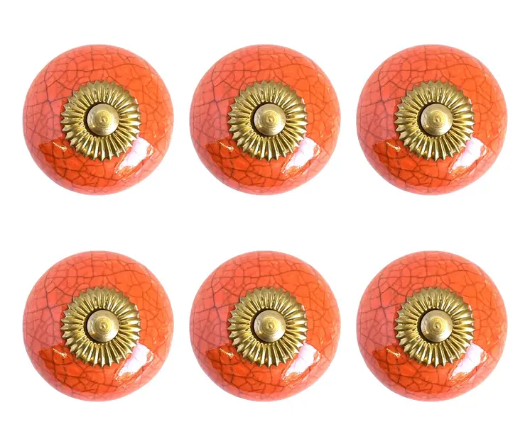 Set of Six Coral And Gold Ceramic Drawer Pull Knobs