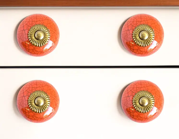 Set of Six Coral And Gold Ceramic Drawer Pull Knobs