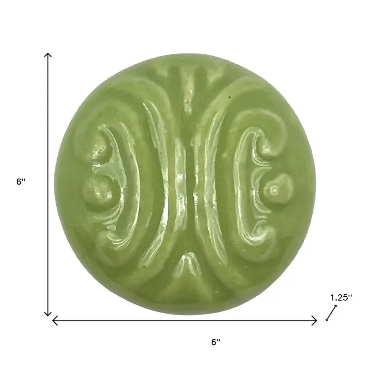 Set of Six Green Embossed Ceramic Drawer Pull Knobs
