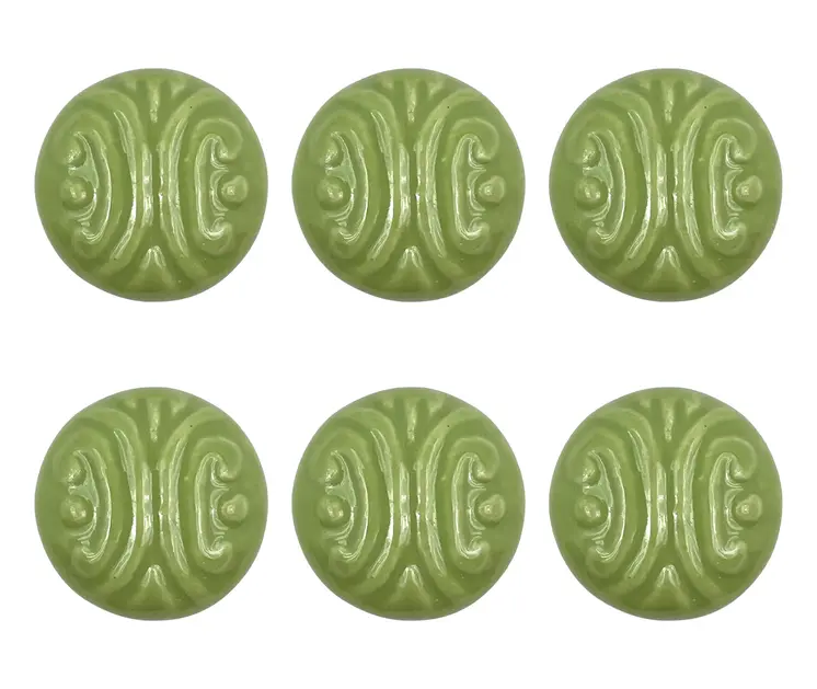 Set of Six Green Embossed Ceramic Drawer Pull Knobs