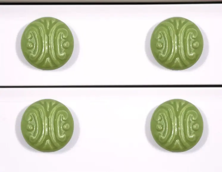 Set of Six Green Embossed Ceramic Drawer Pull Knobs