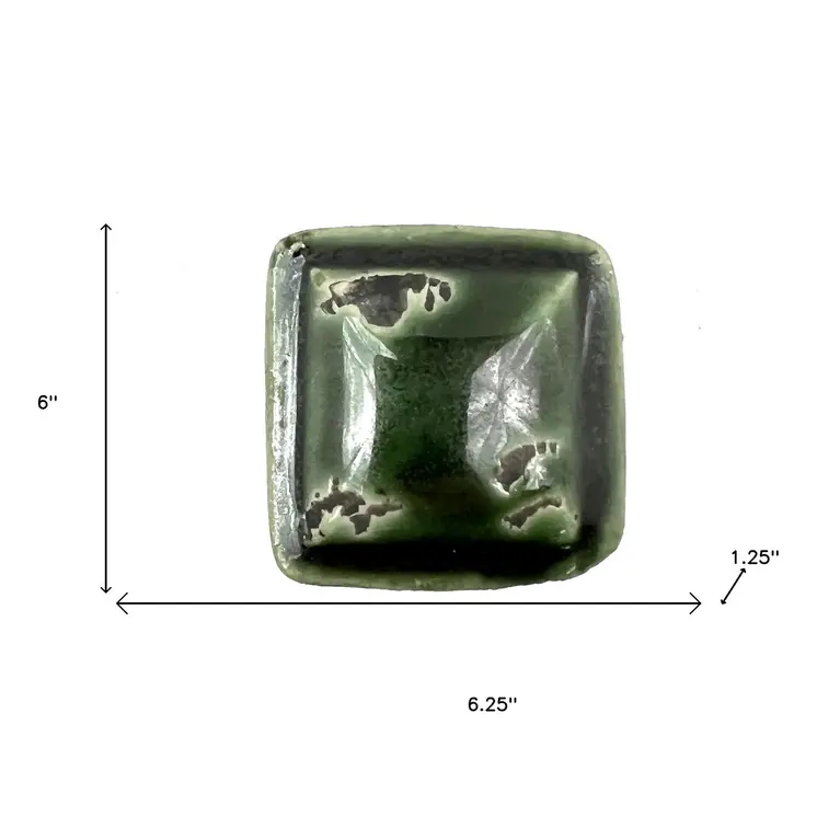 Set of Six Distressed Green Ceramic Square Drawer Pull Knobs