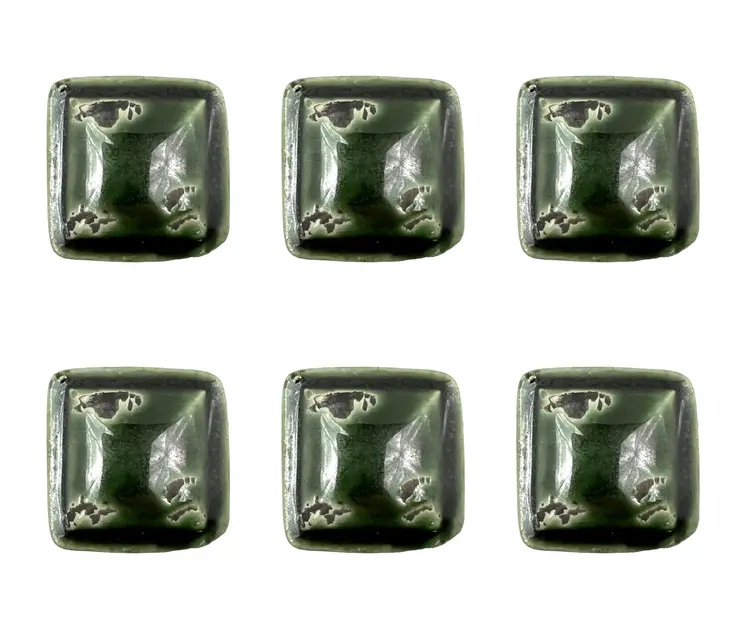 Set of Six Distressed Green Ceramic Square Drawer Pull Knobs