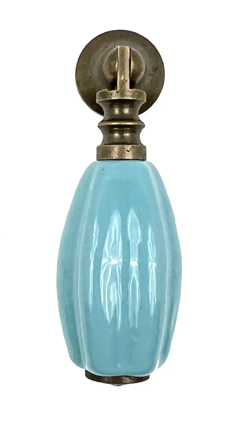 Set of Six Aqua And Brown Ribbed Ceramic Drawer Pull Knobs