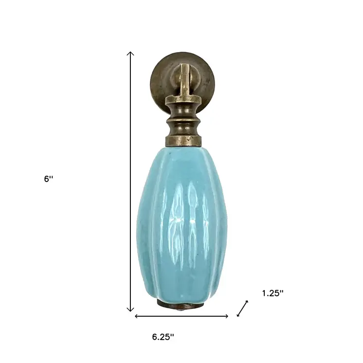 Set of Six Aqua And Brown Ribbed Ceramic Drawer Pull Knobs