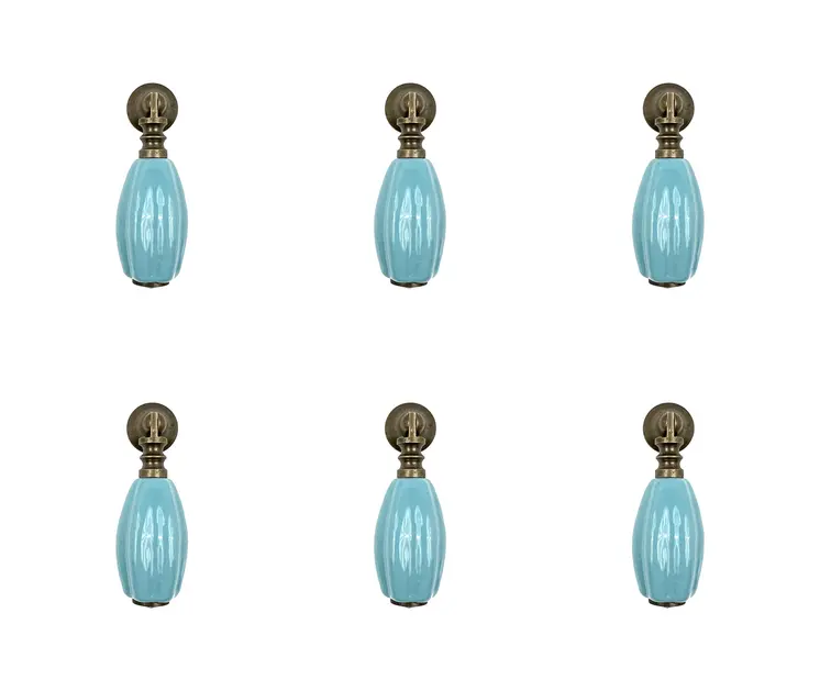Set of Six Aqua And Brown Ribbed Ceramic Drawer Pull Knobs