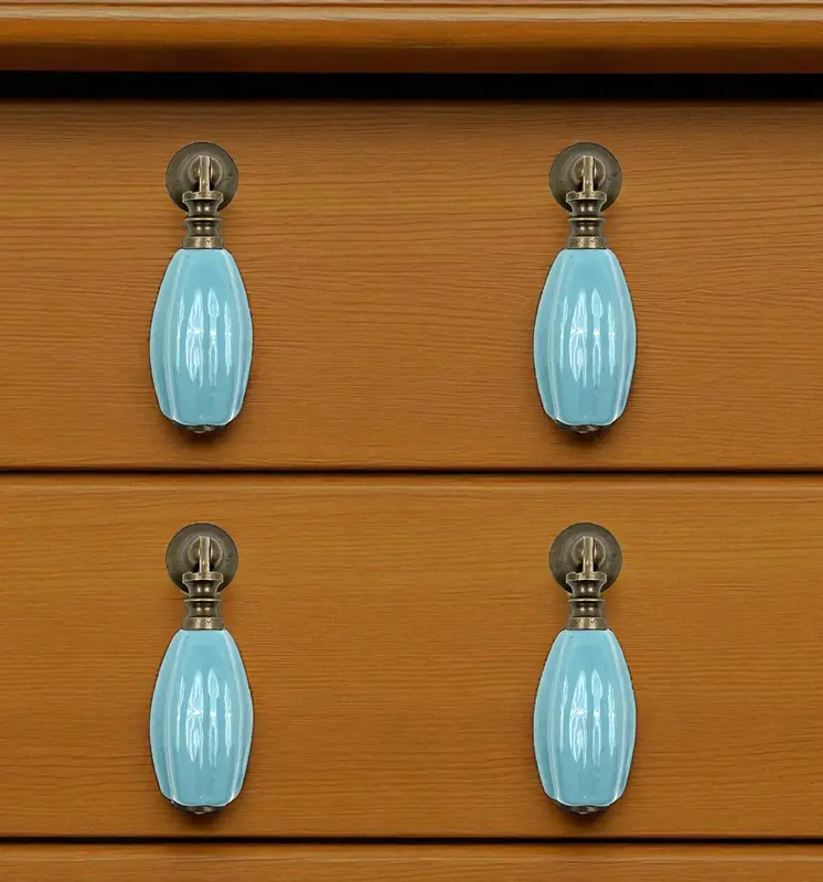 Set of Six Aqua And Brown Ribbed Ceramic Drawer Pull Knobs