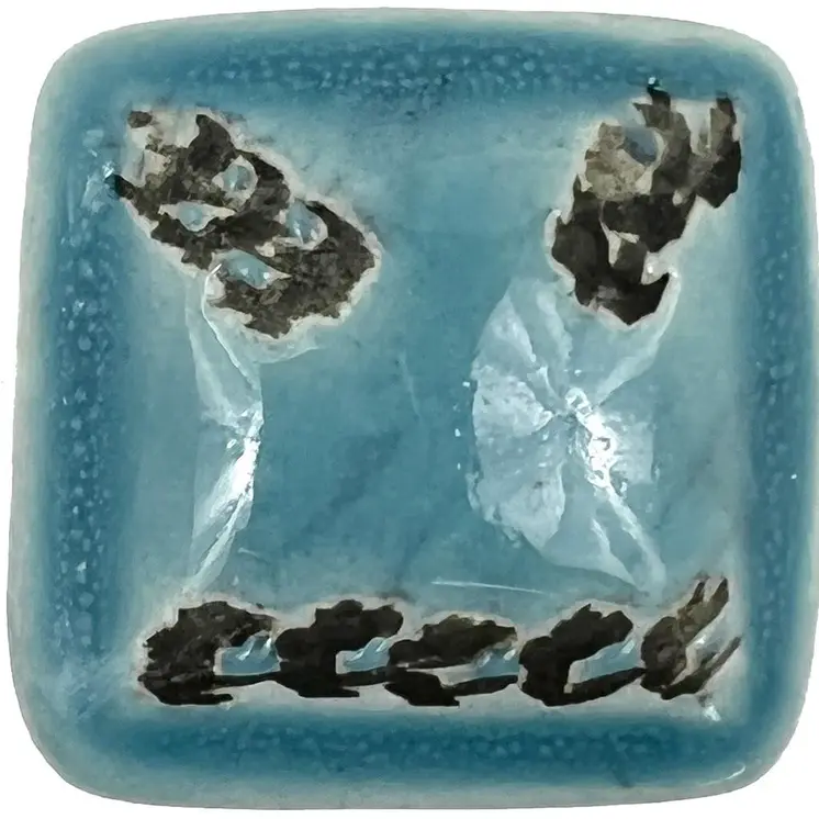 Set of Six Distressed Teal Ceramic Square Drawer Pull Knobs