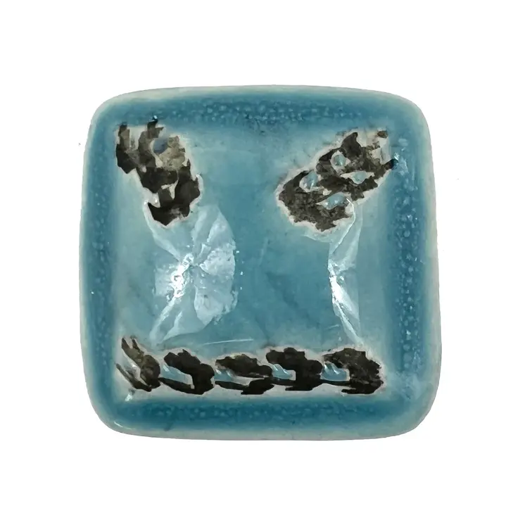 Set of Six Distressed Teal Ceramic Square Drawer Pull Knobs