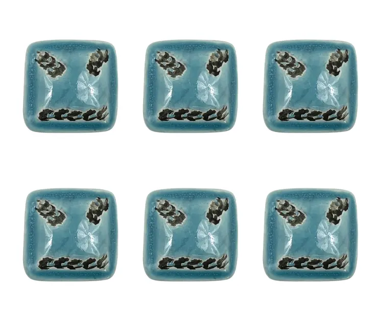 Set of Six Distressed Teal Ceramic Square Drawer Pull Knobs