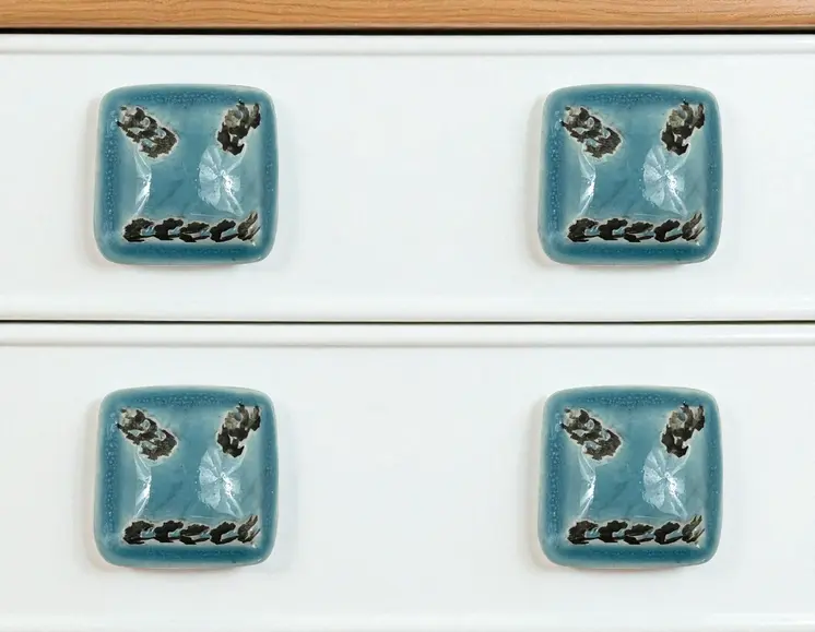 Set of Six Distressed Teal Ceramic Square Drawer Pull Knobs