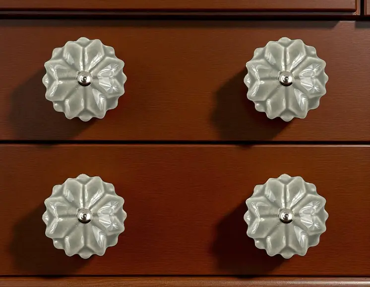 Set of Six Gray Ceramic Floral Drawer Pull Knobs