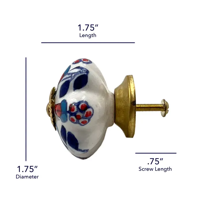 Set of Six Red White And Blue Floral Ceramic Drawer Pull Knobs