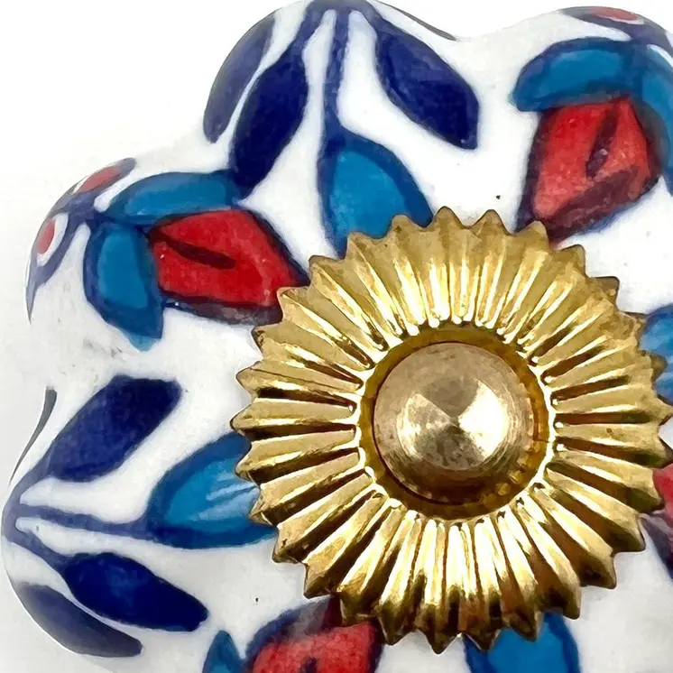 Set of Six Red White And Blue Floral Ceramic Drawer Pull Knobs