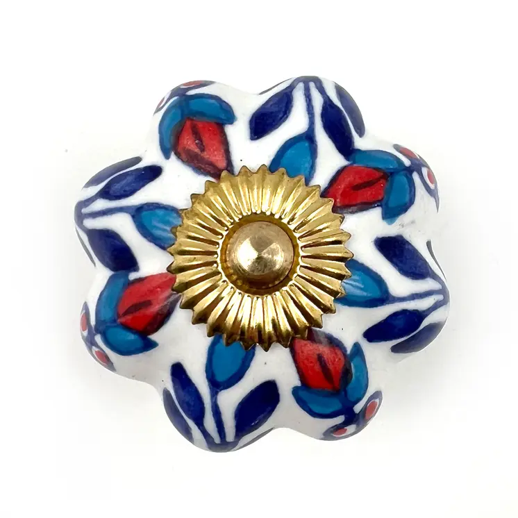 Set of Six Red White And Blue Floral Ceramic Drawer Pull Knobs