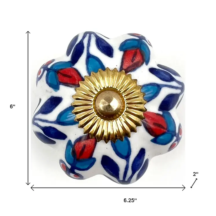 Set of Six Red White And Blue Floral Ceramic Drawer Pull Knobs