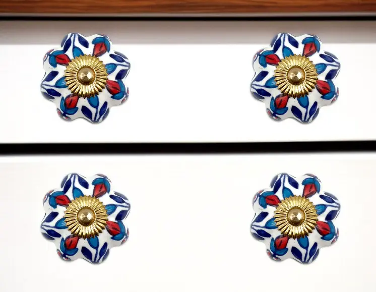 Set of Six Red White And Blue Floral Ceramic Drawer Pull Knobs