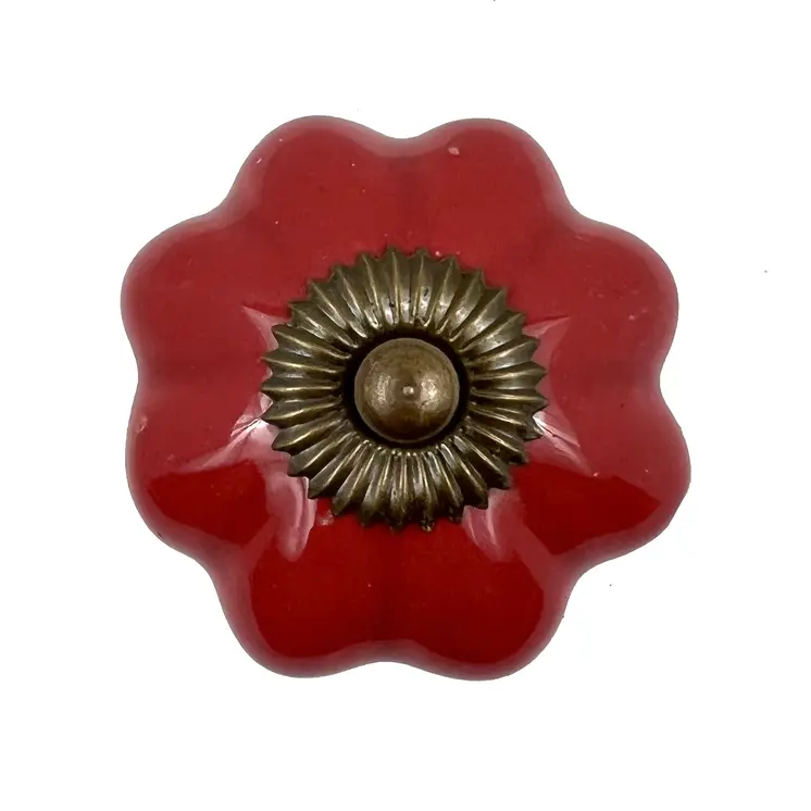 Set of Six Red Flower Shape Ceramic Drawer Pull Knobs