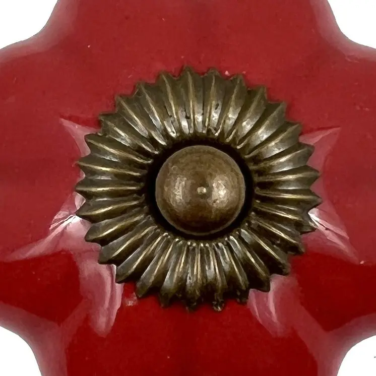 Set of Six Red Flower Shape Ceramic Drawer Pull Knobs